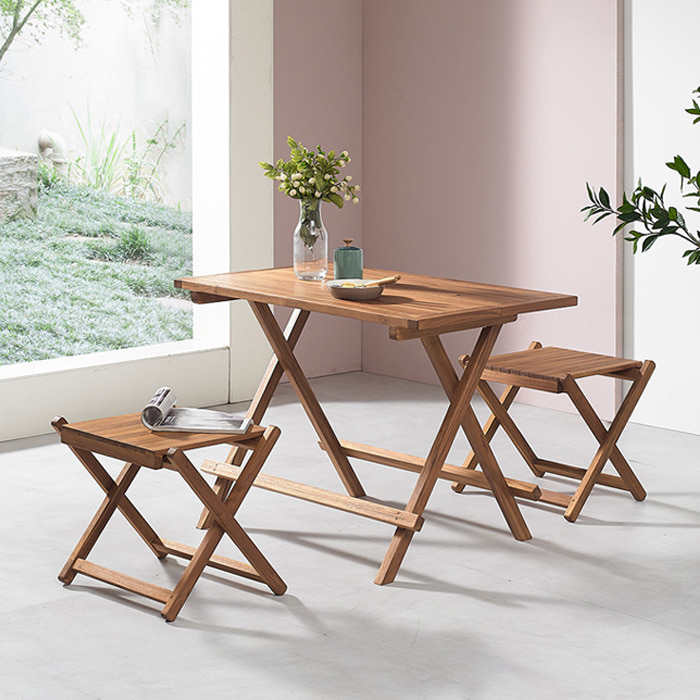 비카 티크나무 대형 야외테이블+의자 2개 세트 캠핑테이블세트 원목테이블세트